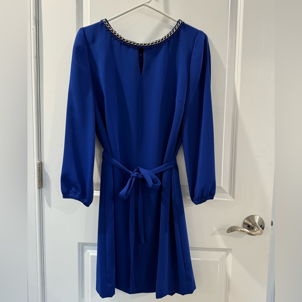Tahari blue midi dress size 4 with gold detail around neck line.